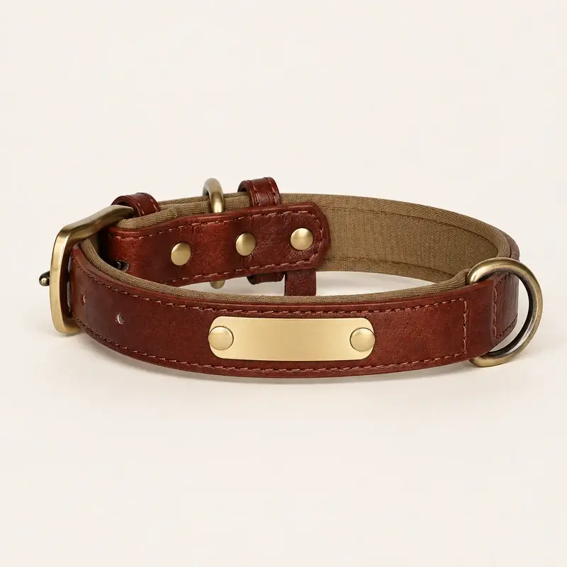 Leather dog collar coiled to show the brass buckle, D-ring and riveted name plate